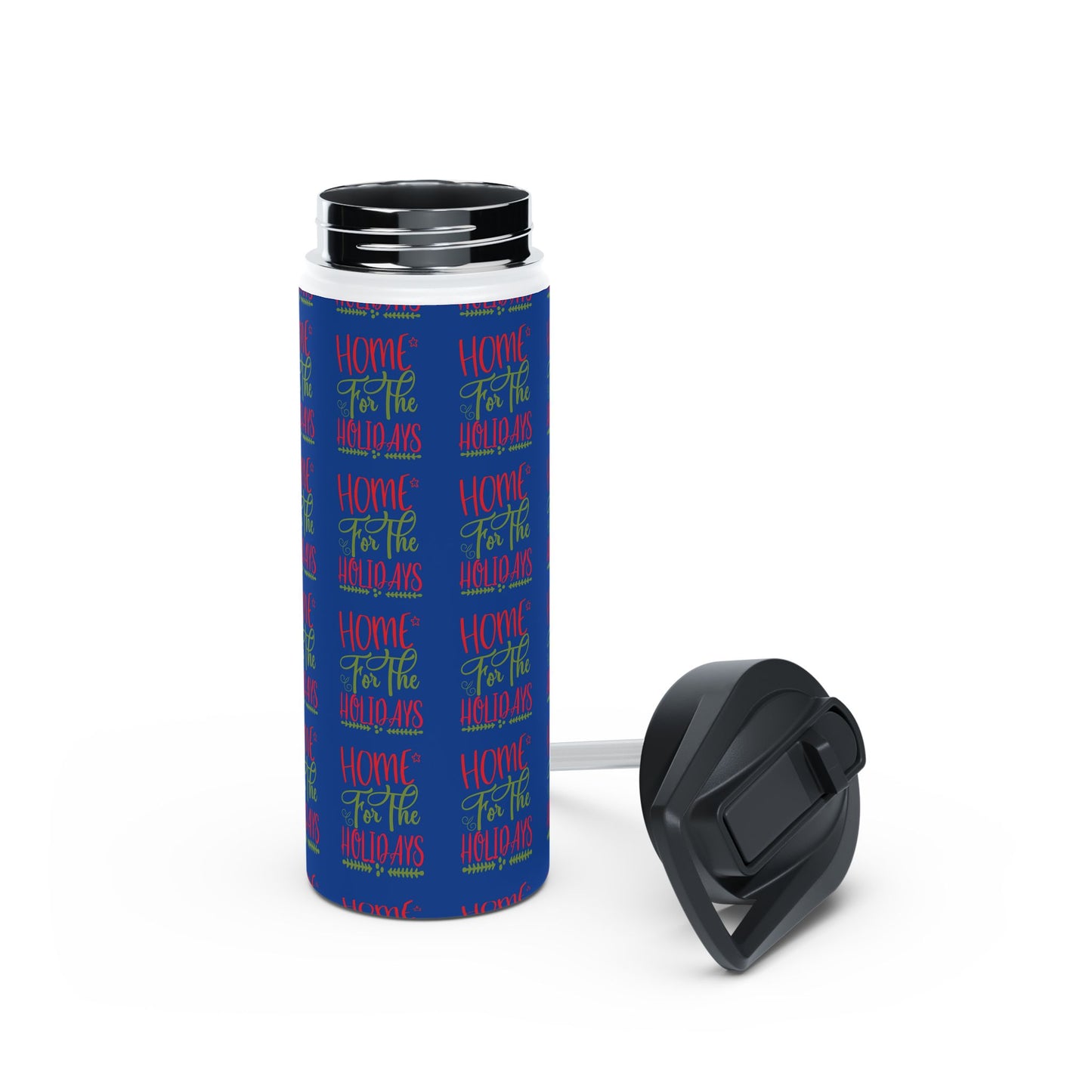 Stainless Steel Water Bottle, Standard Lid - Home For The Holidays Pattern Design with Dark Blue Background