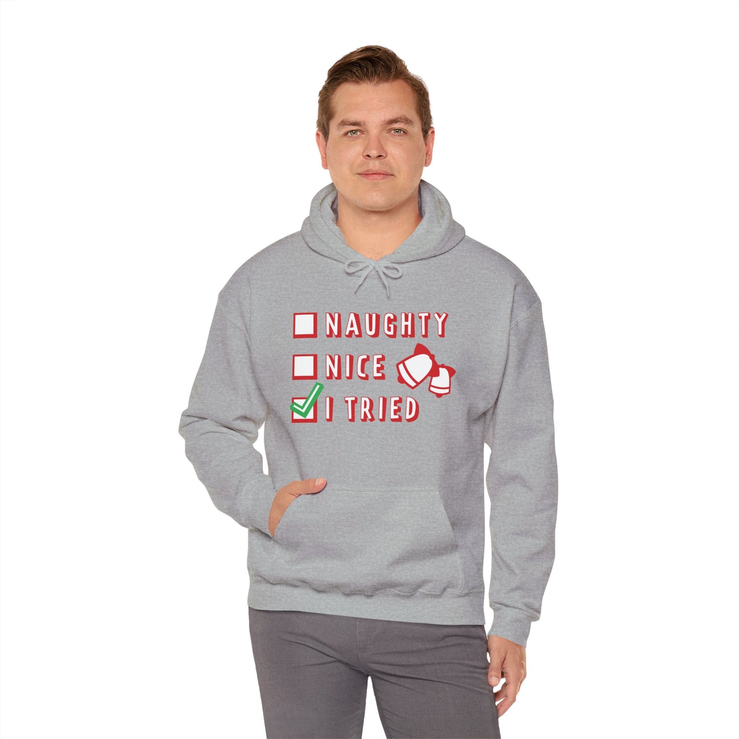 Christmas Unisex Hooded Sweatshirt - Naughty Nice I Tried Design