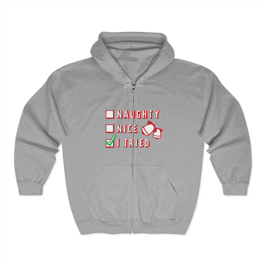 Christmas Unisex Full Zip Hooded Sweatshirt - Naughty Nice I Tried Design