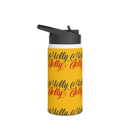 Stainless Steel Water Bottle, Standard Lid - Holly Jolly Pattern Design with Yellow Background