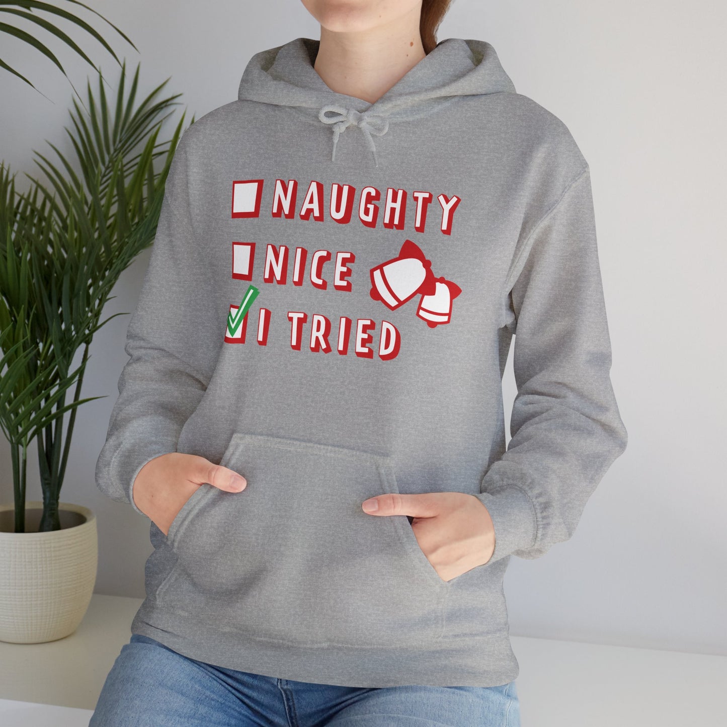 Christmas Unisex Hooded Sweatshirt - Naughty Nice I Tried Design