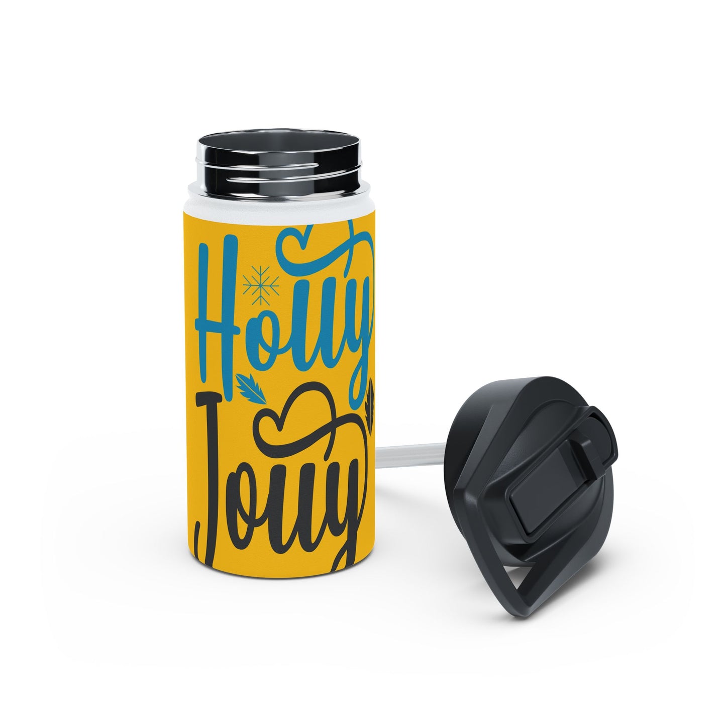 Stainless Steel Water Bottle, Standard Lid - Festive Holly Jolly Design with Yellow Background