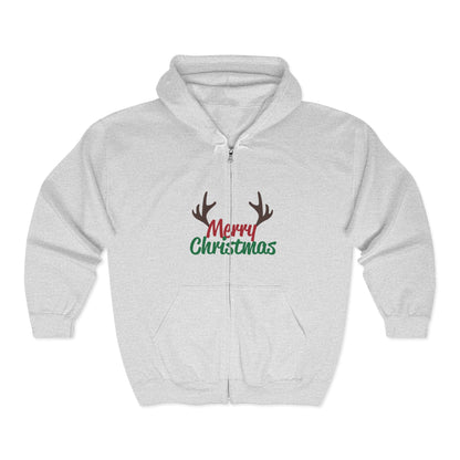 Christmas Unisex Full Zip Hooded Sweatshirt - Merry Christmas Reindeer Antlers Design
