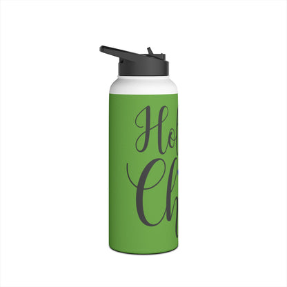 Stainless Steel Water Bottle, Standard Lid - Festive Holiday Cheer Design with Green Background