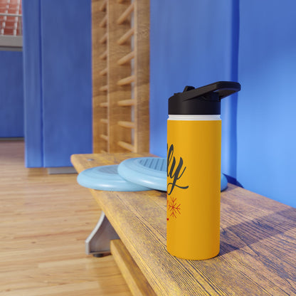 Stainless Steel Water Bottle, Standard Lid - Holly Jolly Design with Yellow Background