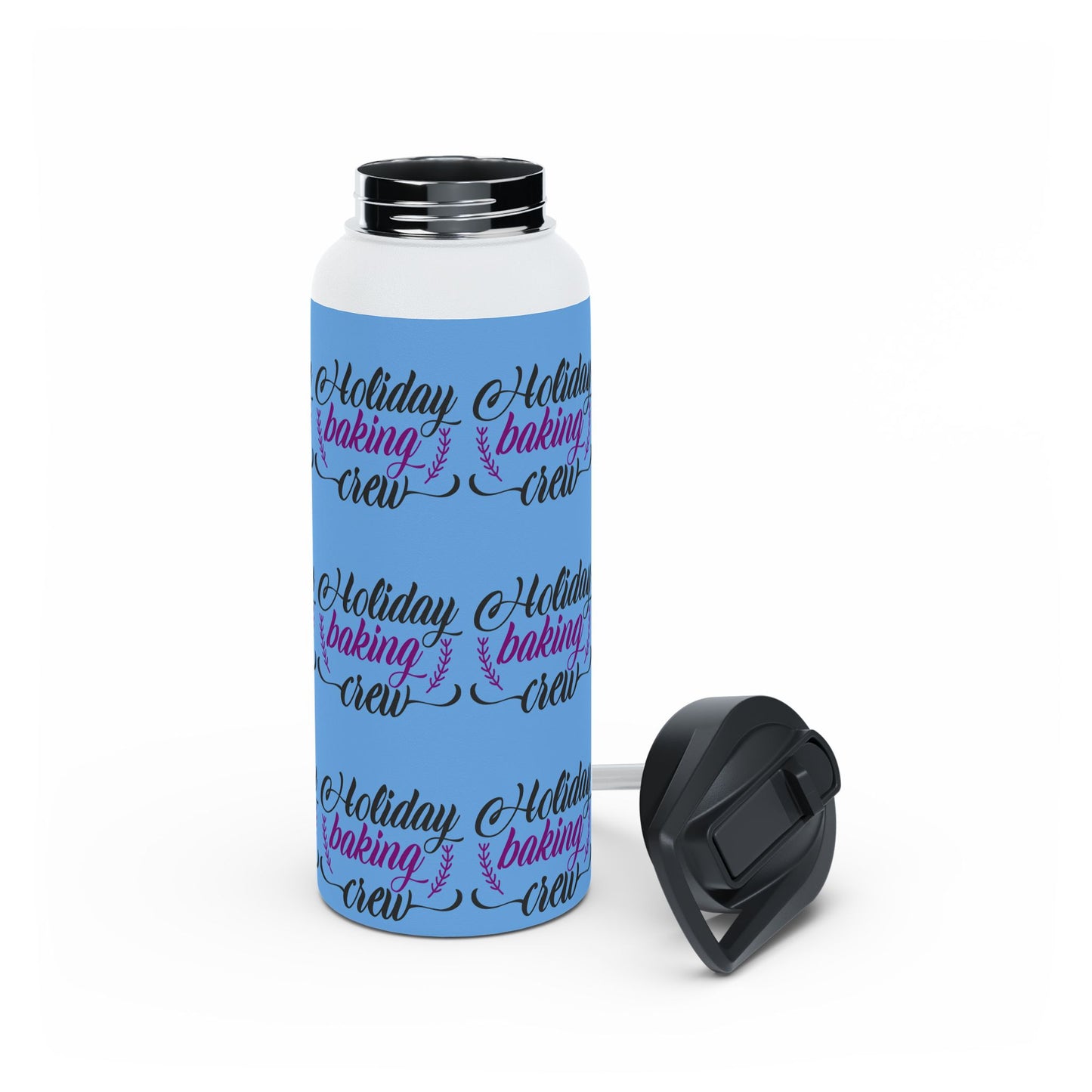 Stainless Steel Water Bottle, Standard Lid - Holiday Baking Crew Pattern Design with Light Blue Background