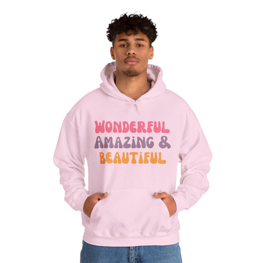 A person wearing a pink unisex hooded sweatshirt with the text 'Wonderful Amazing & Beautiful' printed on the front.