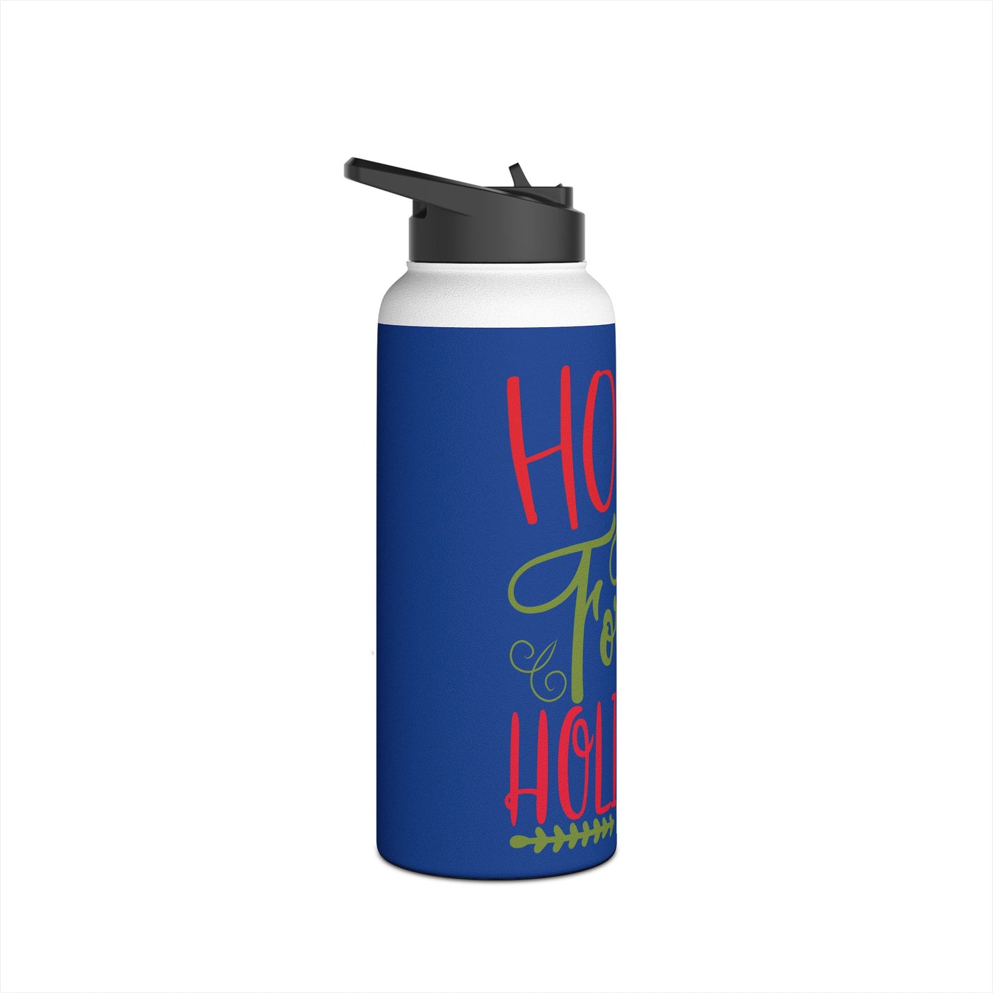 Stainless Steel Water Bottle, Standard Lid - Home For The Holidays Design with Dark Blue Background