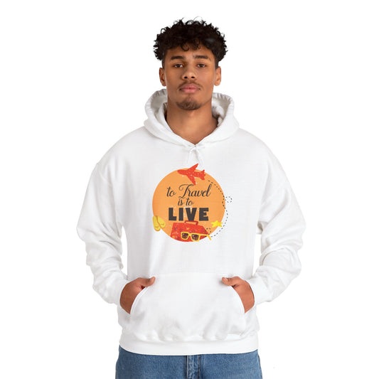 A man wearing a white hooded sweatshirt with 'To Travel Is To Live' text and a graphic design on the front.