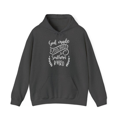 Christian Unisex Hooded Sweatshirt - God Made Jesus Saved Southern Raised Design