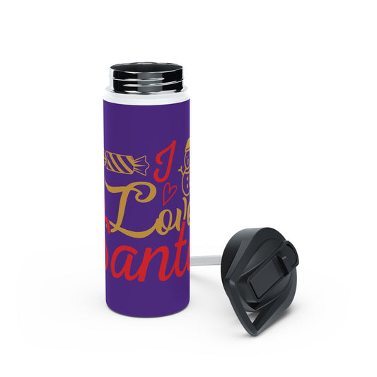 Stainless Steel Water Bottle, Standard Lid - Love Santa Design with Purple Background