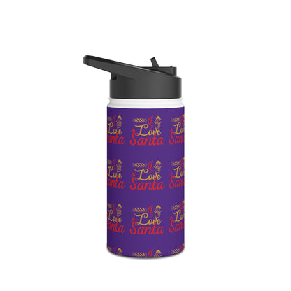 Stainless Steel Water Bottle, Standard Lid - Love Santa Pattern Design with Purple Background