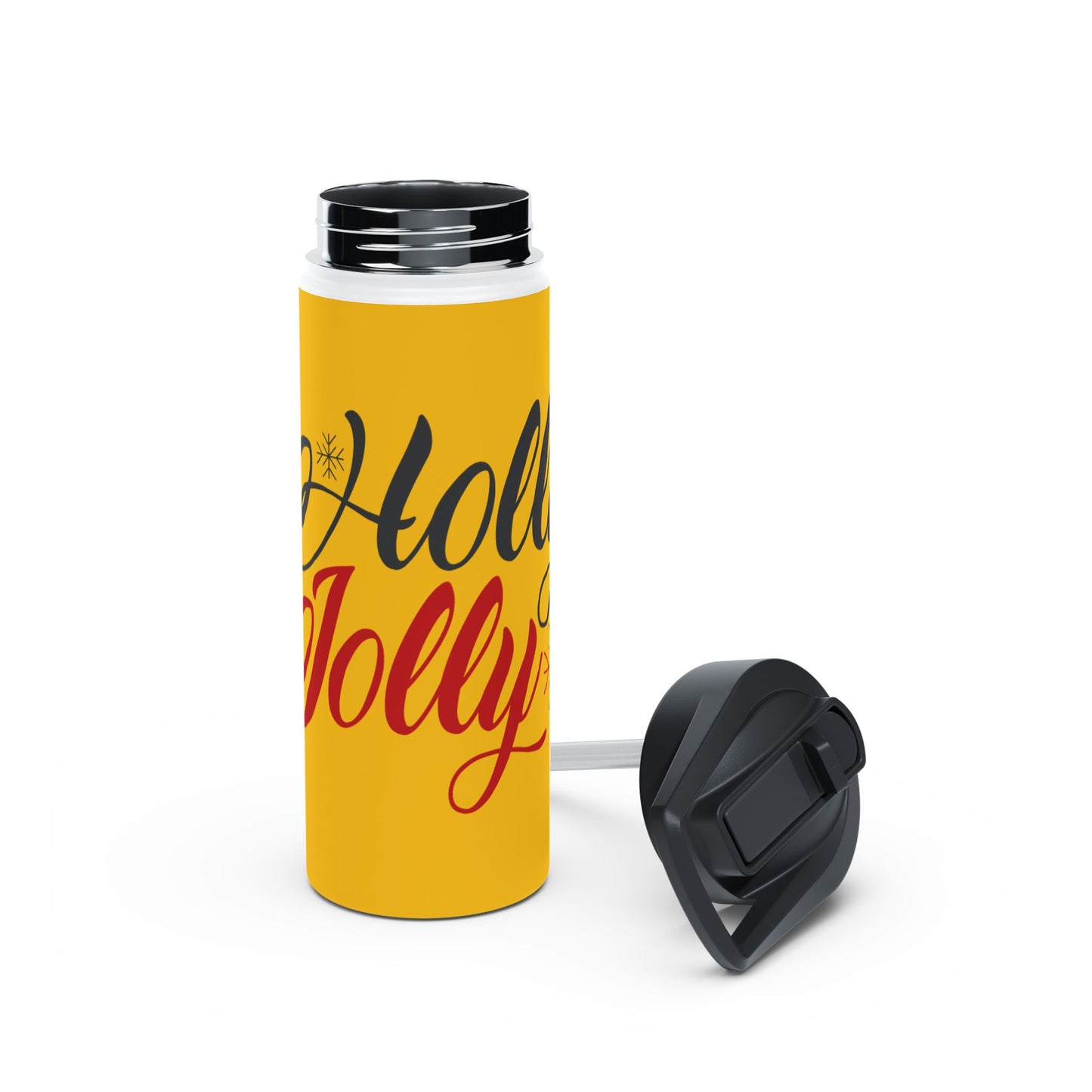 Stainless Steel Water Bottle, Standard Lid - Holly Jolly Design with Yellow Background