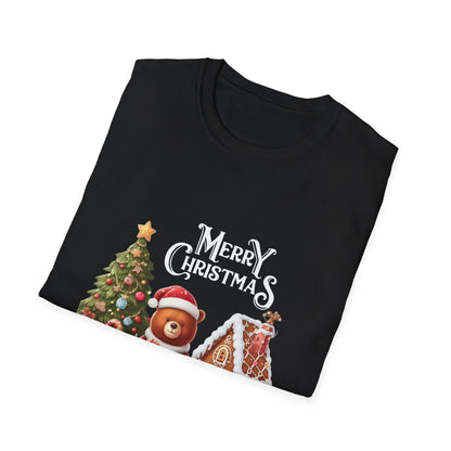 Christmas Unisex T-Shirt - The Bear and the Gingerbread House Design