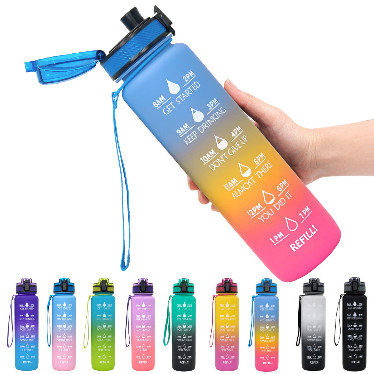 Hydrate Hourly Motivational Water Bottle - 1L Leakproof Tritan Bottle with Time Markers & Bounce Cover