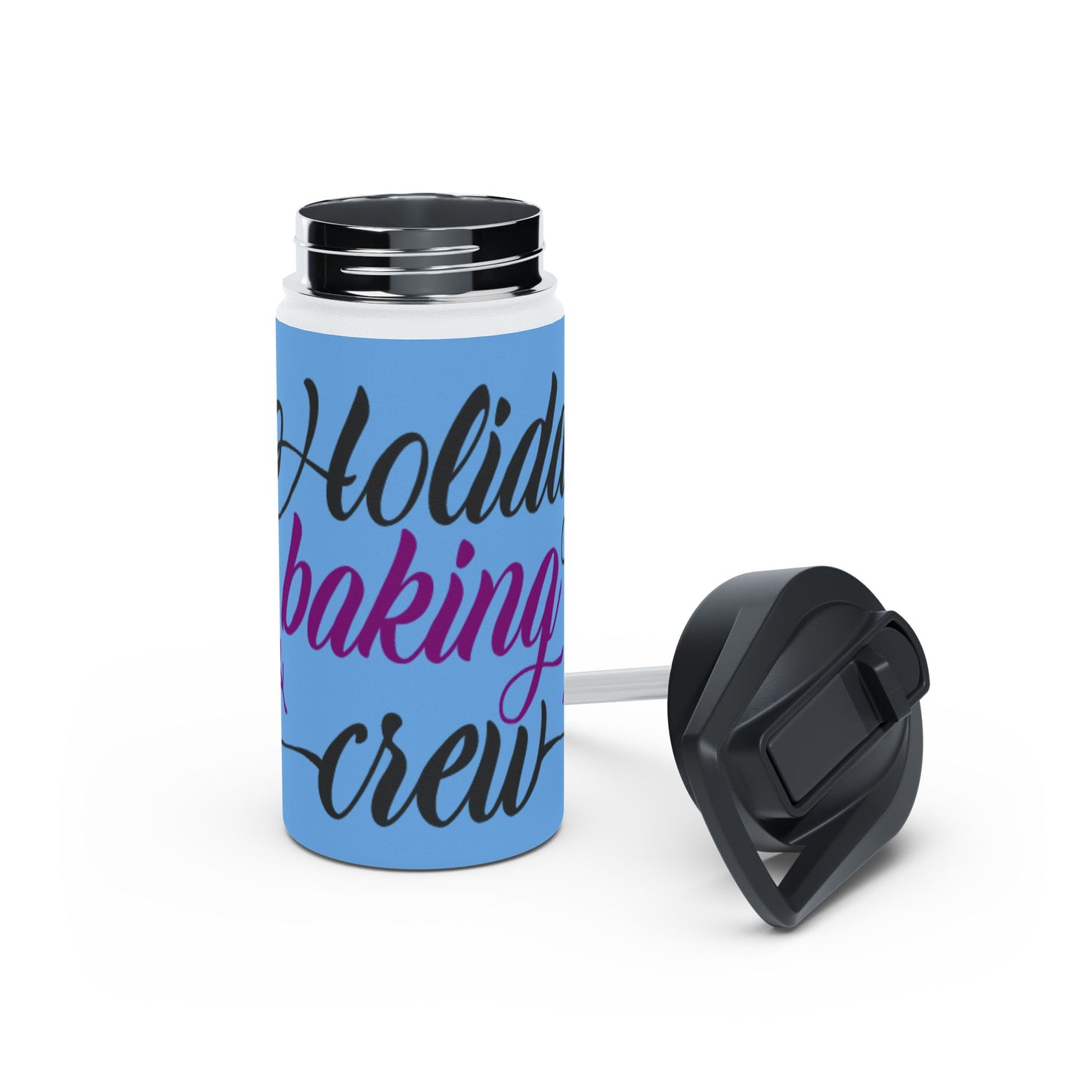 Stainless Steel Water Bottle, Standard Lid - Holiday Baking Crew Design with Light Blue Background