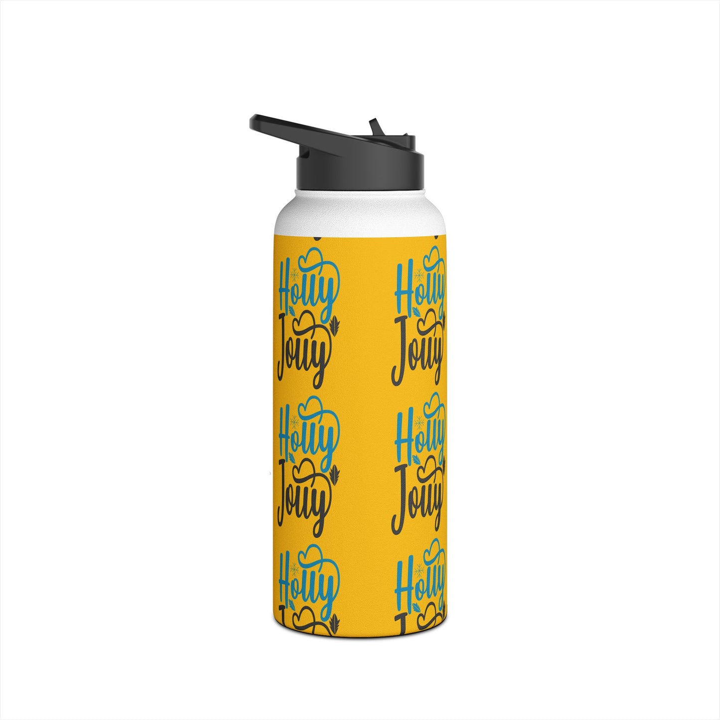 Stainless Steel Water Bottle, Standard Lid - Festive Holly Jolly Pattern Design with Yellow Background