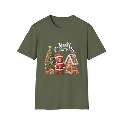 Christmas Unisex T-Shirt - The Bear and the Gingerbread House Design