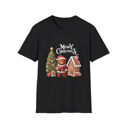 Christmas Unisex T-Shirt - The Bear and the Gingerbread House Design