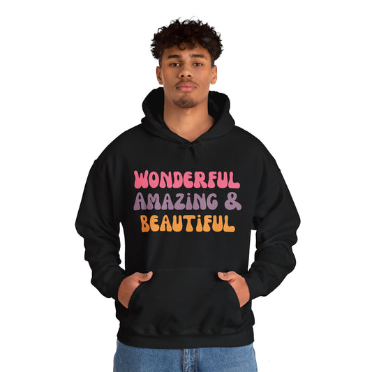 A unisex hooded sweatshirt with the text 'Wonderful Amazing & Beautiful' printed on the front.