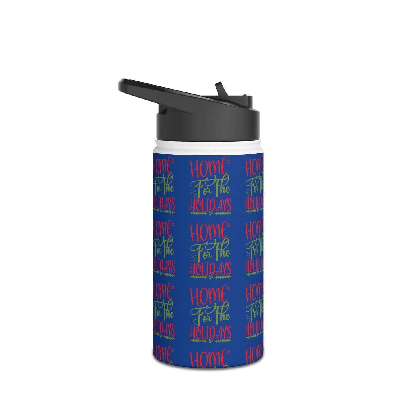 Stainless Steel Water Bottle, Standard Lid - Home For The Holidays Pattern Design with Dark Blue Background