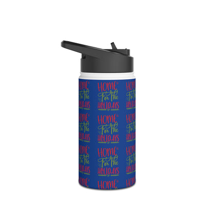 Stainless Steel Water Bottle, Standard Lid - Home For The Holidays Pattern Design with Dark Blue Background