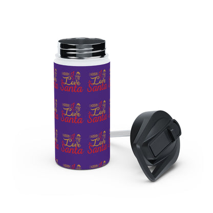 Stainless Steel Water Bottle, Standard Lid - Love Santa Pattern Design with Purple Background