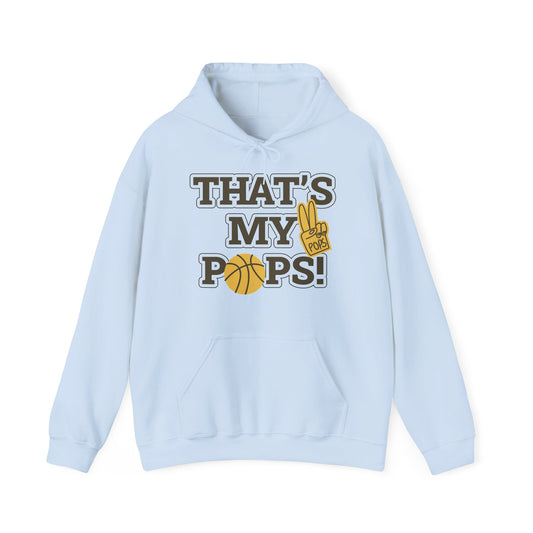 A blue unisex hooded sweatshirt with 'That's My Pops!' design and a basketball symbol.