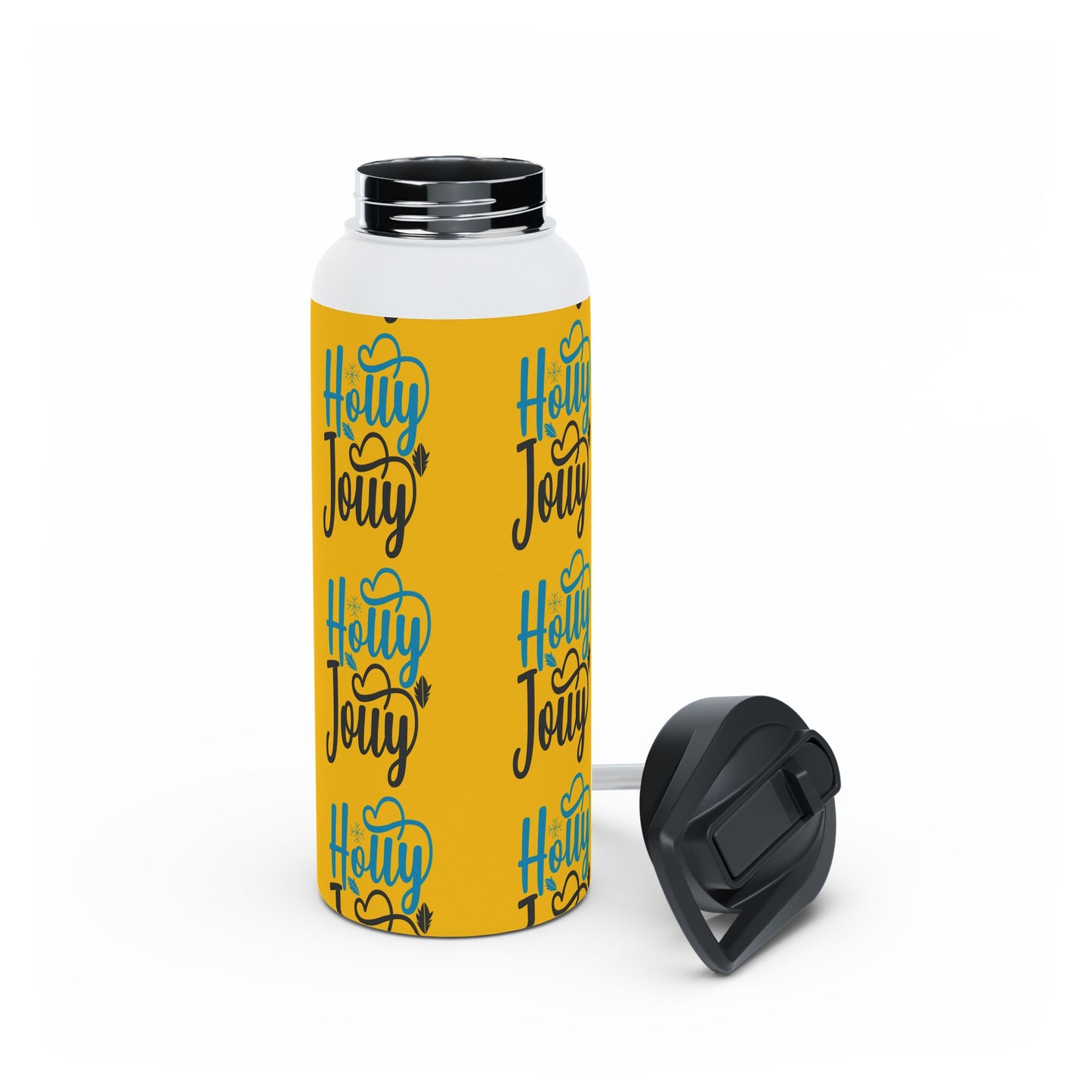 Stainless Steel Water Bottle, Standard Lid - Festive Holly Jolly Pattern Design with Yellow Background