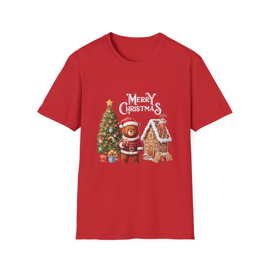 Christmas Unisex T-Shirt - The Bear and the Gingerbread House Design