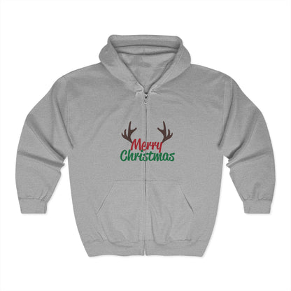 Christmas Unisex Full Zip Hooded Sweatshirt - Merry Christmas Reindeer Antlers Design