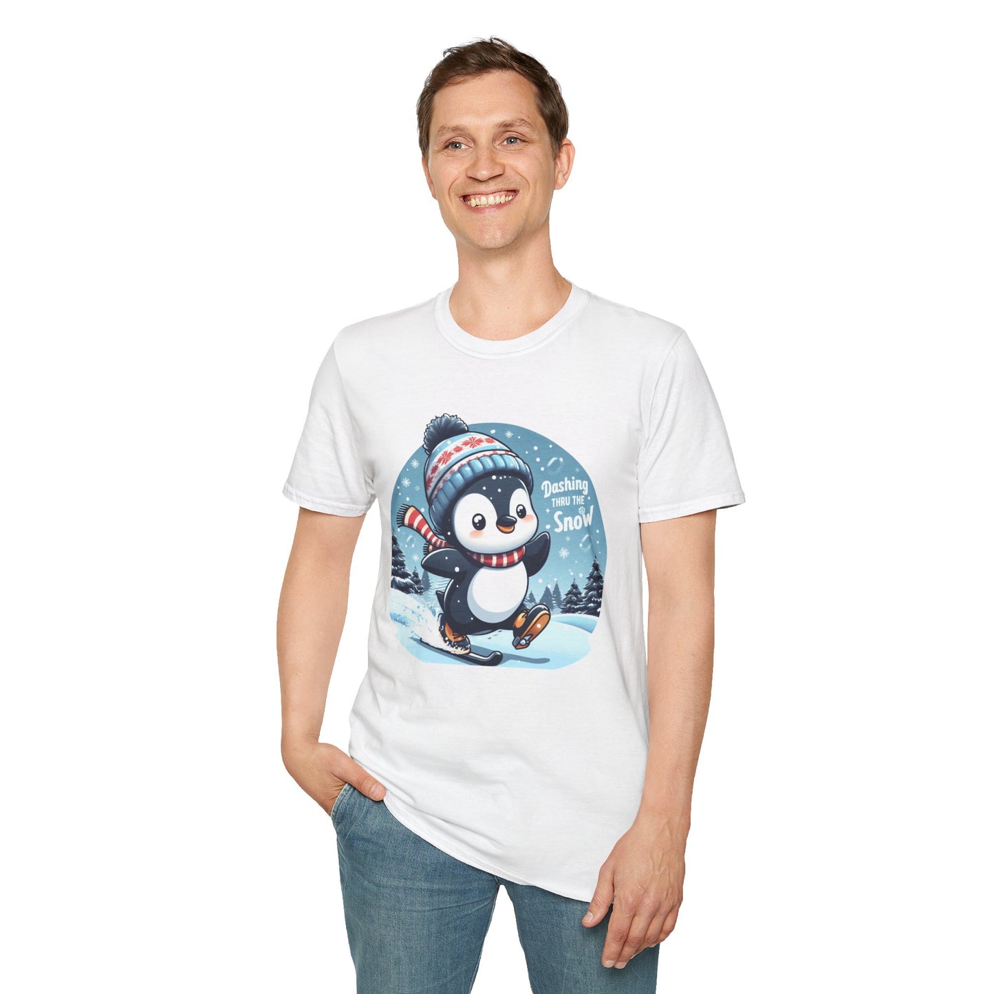 Christmas Unisex T-Shirt - Penguin Dashing Thru The Snow Design