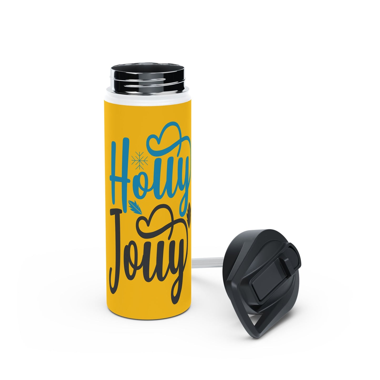 Stainless Steel Water Bottle, Standard Lid - Festive Holly Jolly Design with Yellow Background