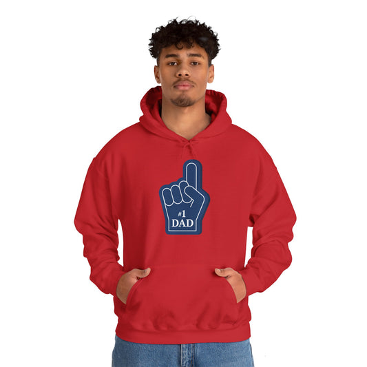 A man wearing a redunisex hooded sweatshirt with 'No1 Dad' and a finger pointing up design on the chest.