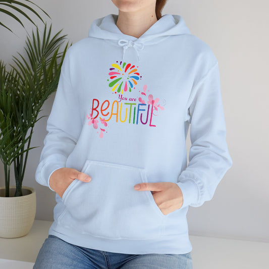 A unisex hooded sweatshirt with 'You Are Beautiful' text and a colorful design on the sleeves.