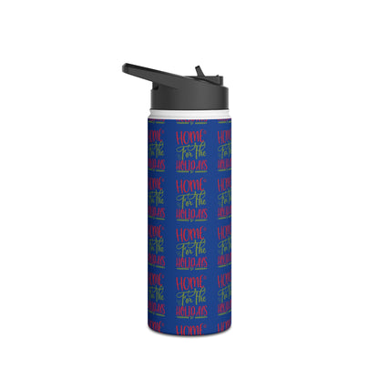 Stainless Steel Water Bottle, Standard Lid - Home For The Holidays Pattern Design with Dark Blue Background