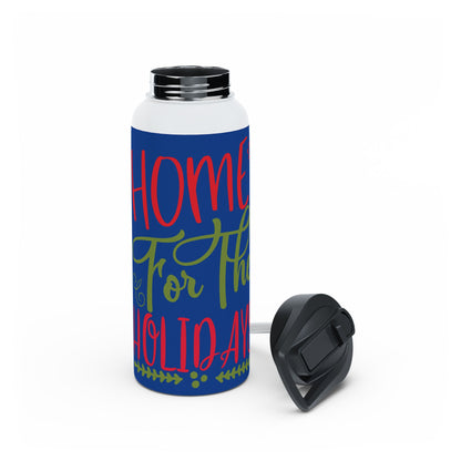 Stainless Steel Water Bottle, Standard Lid - Home For The Holidays Design with Dark Blue Background