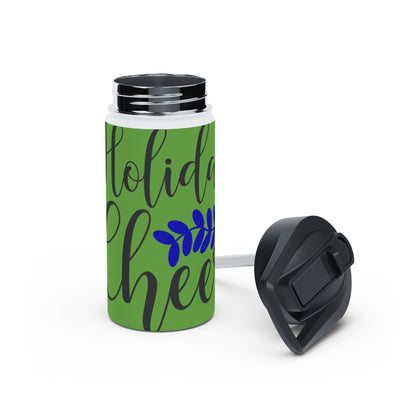 Stainless Steel Water Bottle, Standard Lid - Festive Holiday Cheer Design with Green Background