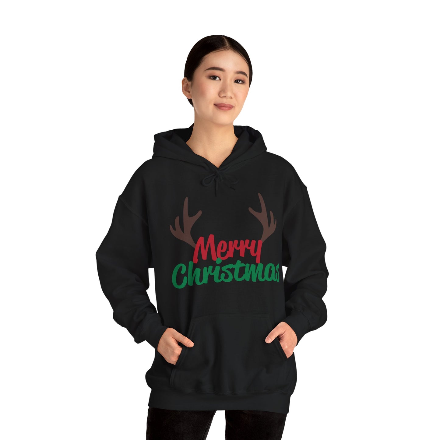 Christmas Unisex Hooded Sweatshirt - Merry Christmas Reindeer Antlers Design