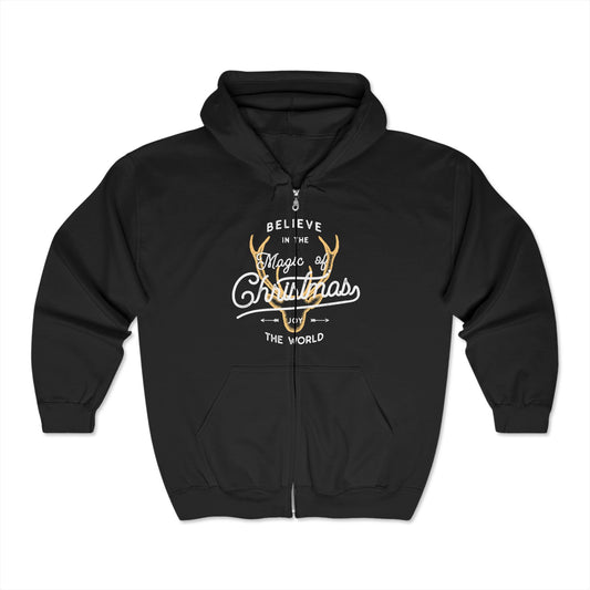 Christmas Unisex Full Zip Hooded Sweatshirt - Believe In The Magic Of Christmas Design