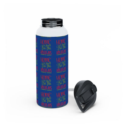 Stainless Steel Water Bottle, Standard Lid - Home For The Holidays Pattern Design with Dark Blue Background