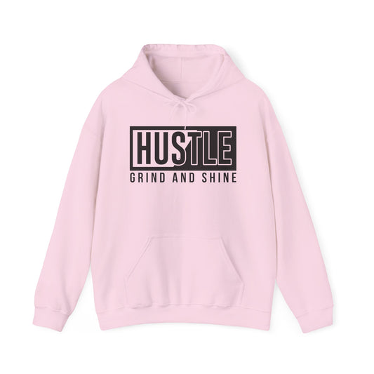 Hustle Grind Shine motivational hoodie front view in light pink - unisex sweatshirt with inspirational text design