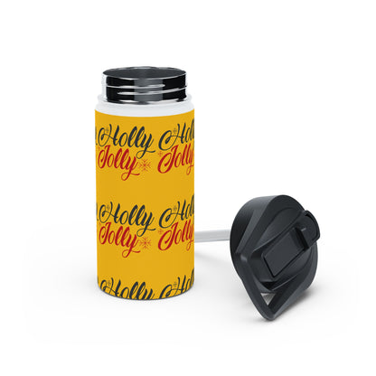 Stainless Steel Water Bottle, Standard Lid - Holly Jolly Pattern Design with Yellow Background