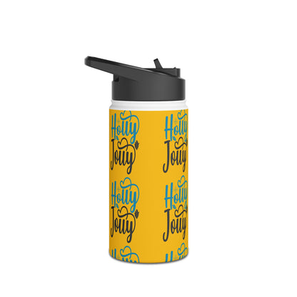 Stainless Steel Water Bottle, Standard Lid - Festive Holly Jolly Pattern Design with Yellow Background