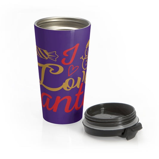 Stainless Steel Travel Mug - Love Santa Design, Purple Background