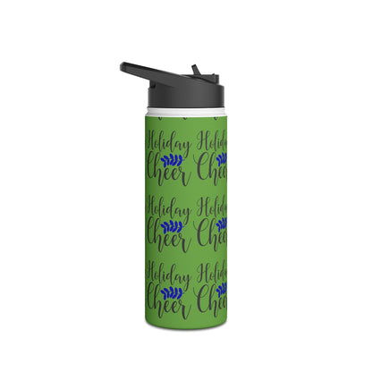 Stainless Steel Water Bottle, Standard Lid - Festive Holiday Cheer Pattern Design with Green Background