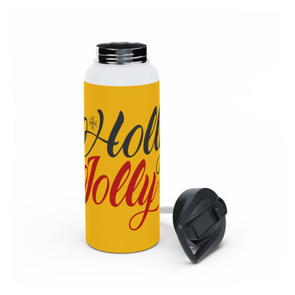 Stainless Steel Water Bottle, Standard Lid - Holly Jolly Design with Yellow Background