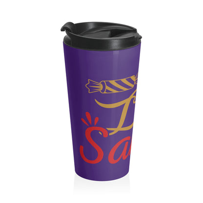 Stainless Steel Travel Mug - Love Santa Design, Purple Background