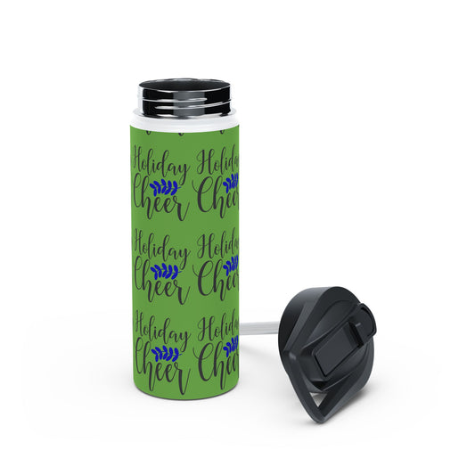 Stainless Steel Water Bottle, Standard Lid - Festive Holiday Cheer Pattern Design with Green Background