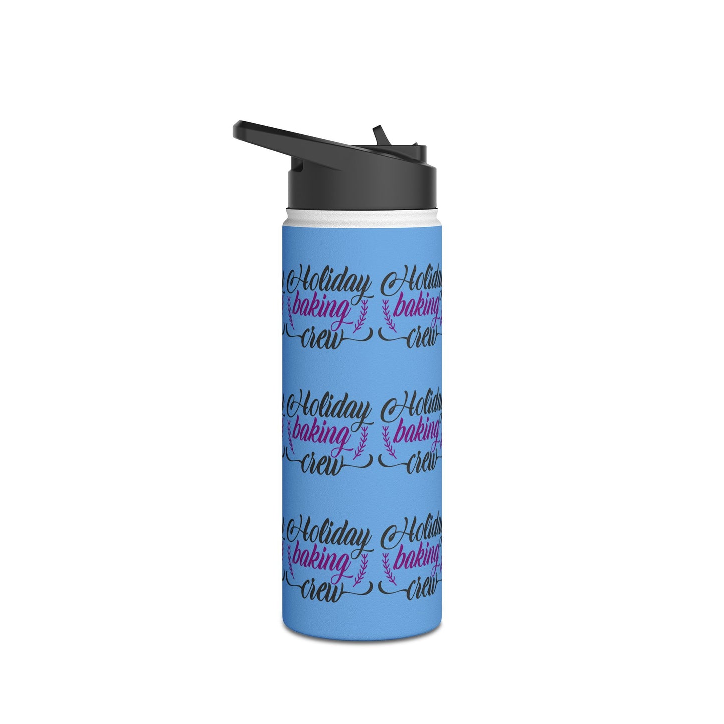 Stainless Steel Water Bottle, Standard Lid - Holiday Baking Crew Pattern Design with Light Blue Background